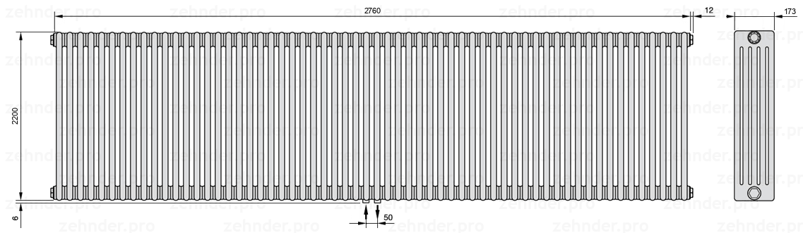 Схема (чертеж) Радиатор Zehnder Charleston 5220/60 №3470 Белый глянцевый RAL 9016